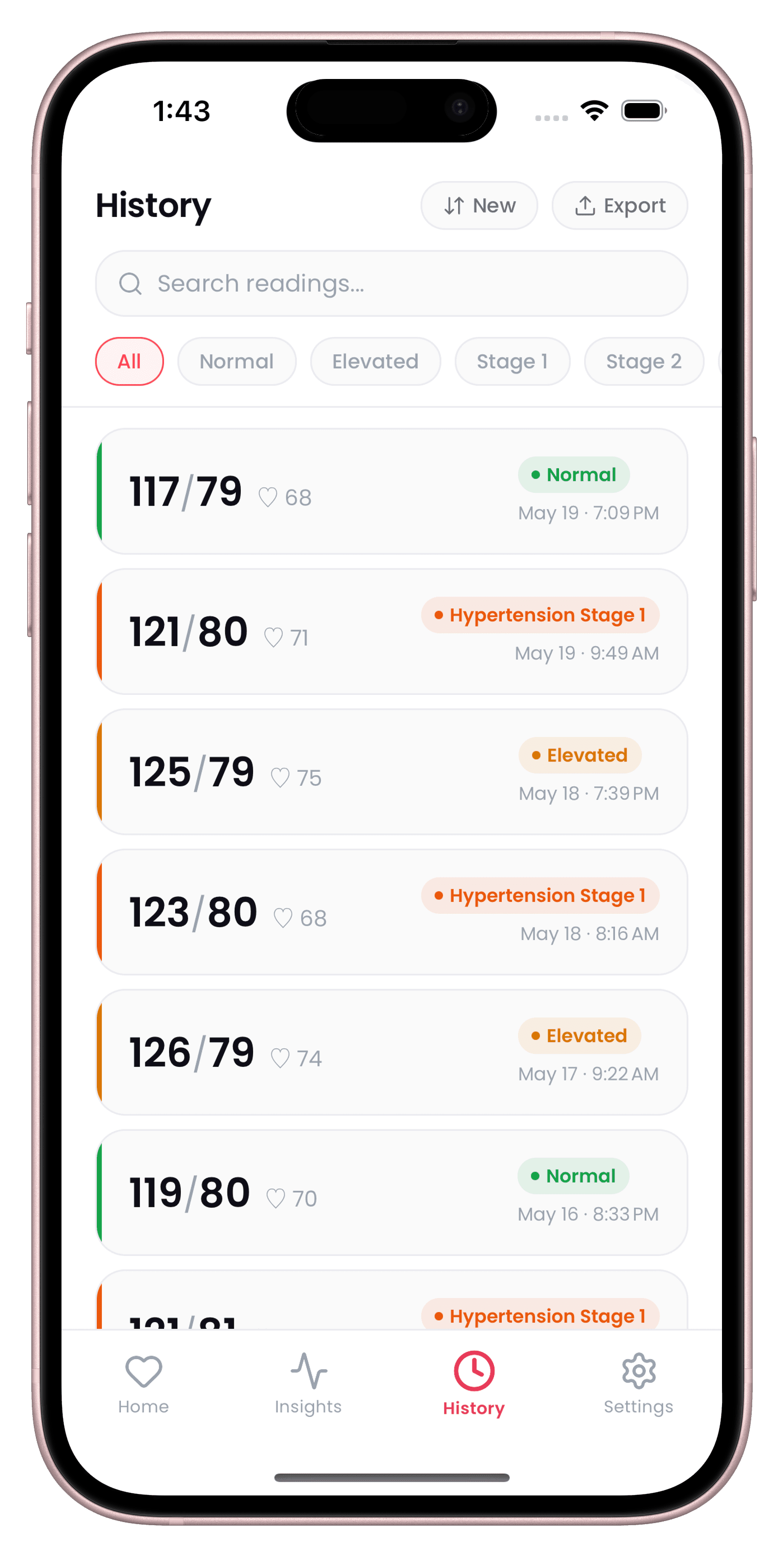 CardiLog History screen with an Export button for generating a PDF report