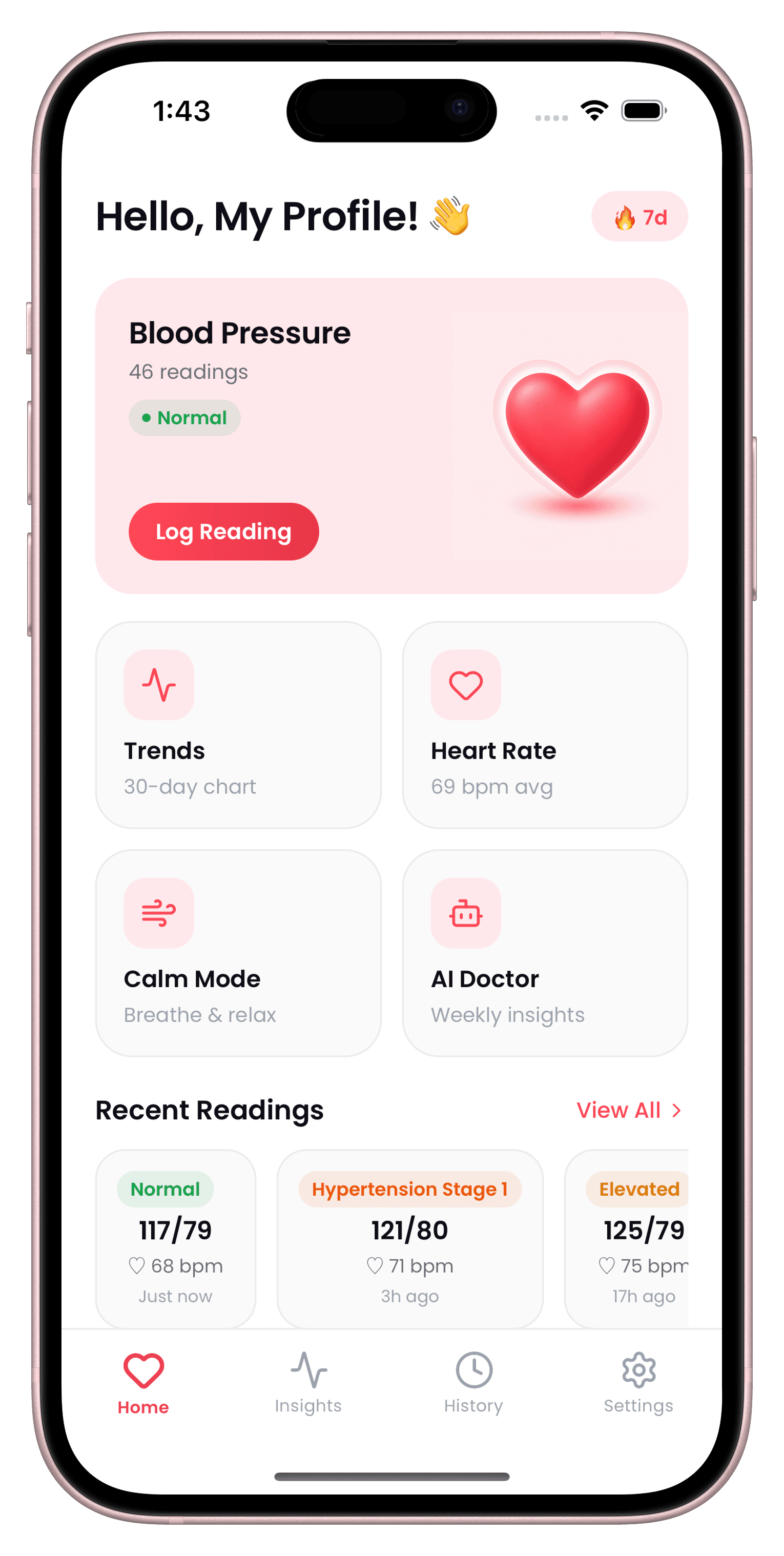 CardiLog reading entry screen with fields for systolic, diastolic, and pulse